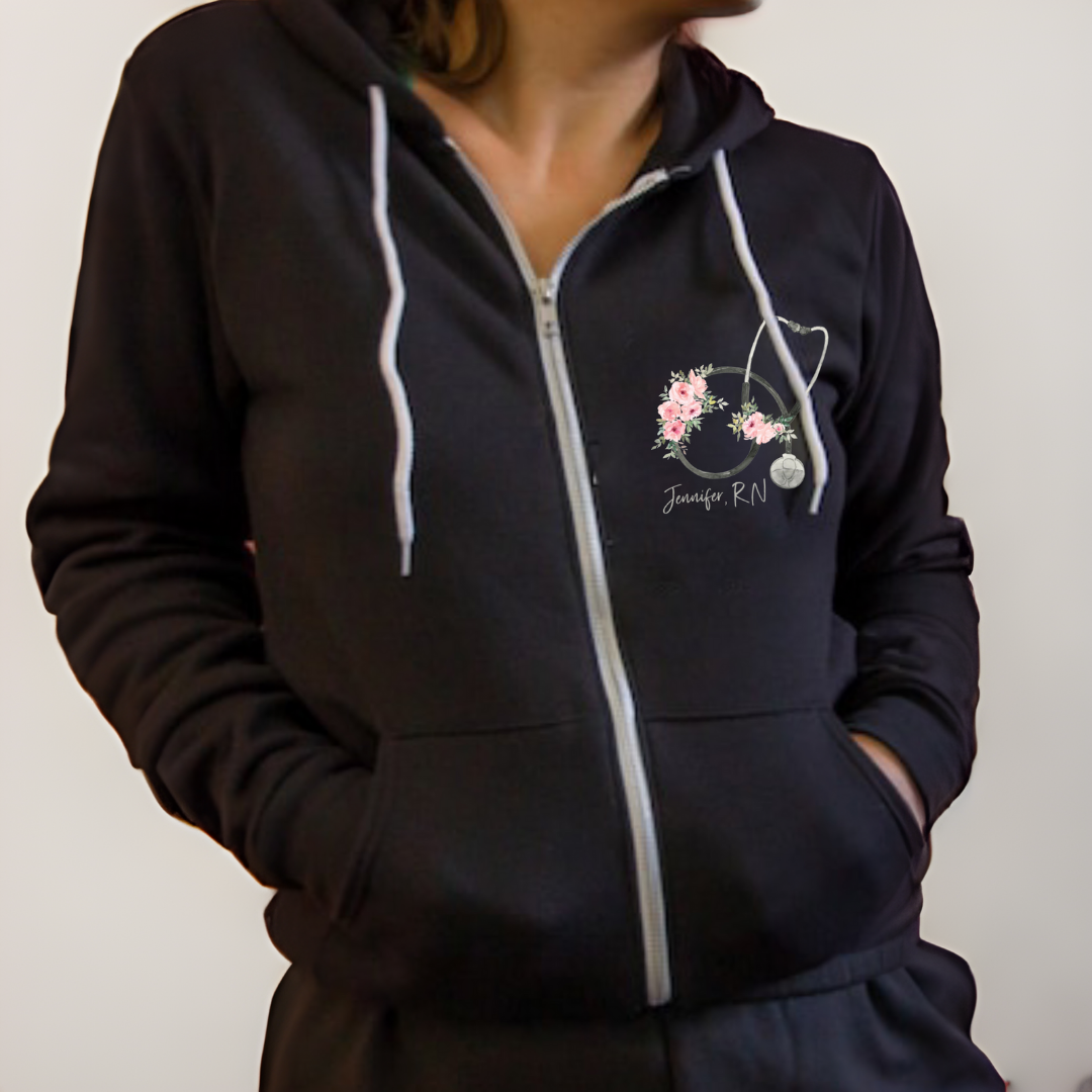 Floral Stethoscope + custom name Zip up